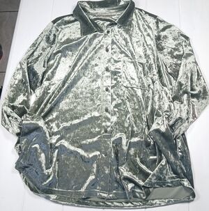 BELLE by Kim Gravel Velvet Blouse Shirt Plus Size 1X Solid Green Gray Button Up